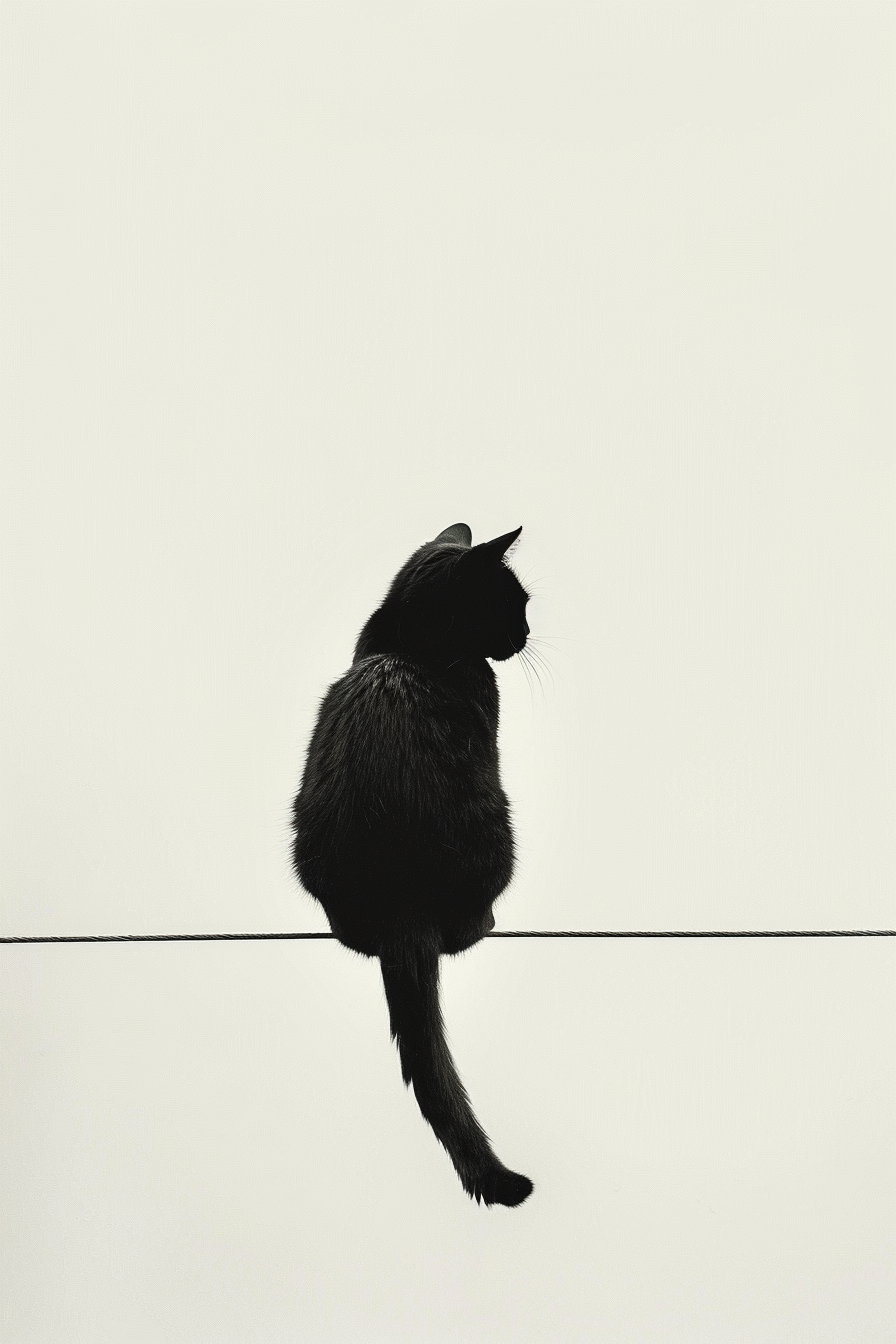 Black cat perched on a wire against a white background