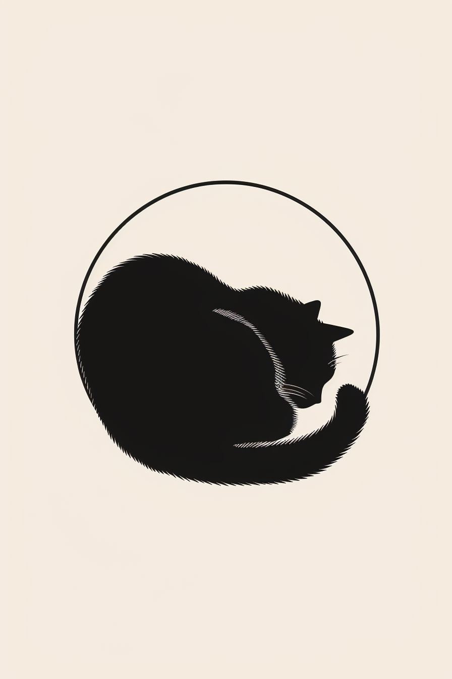 Minimalist black cat silhouette curled in a circle