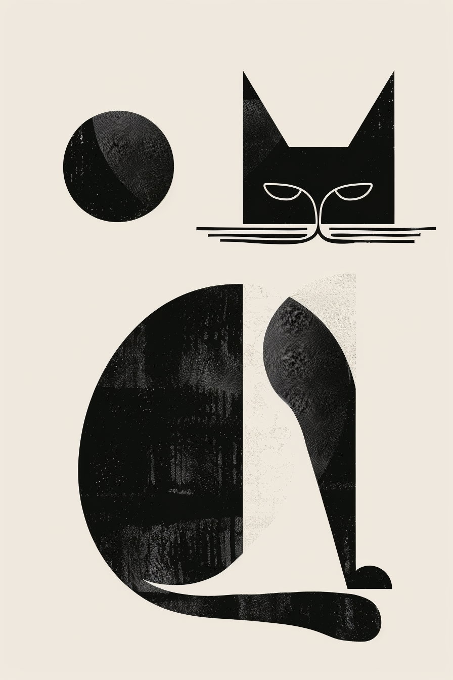 Abstract black and white cat design with curved shapes