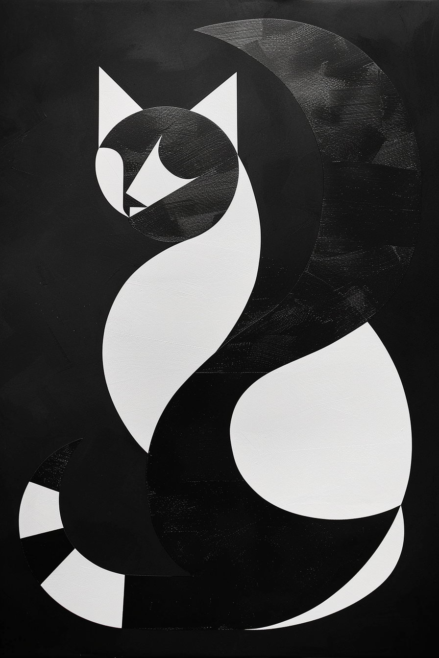 Abstract black and white cat design with curved shapes