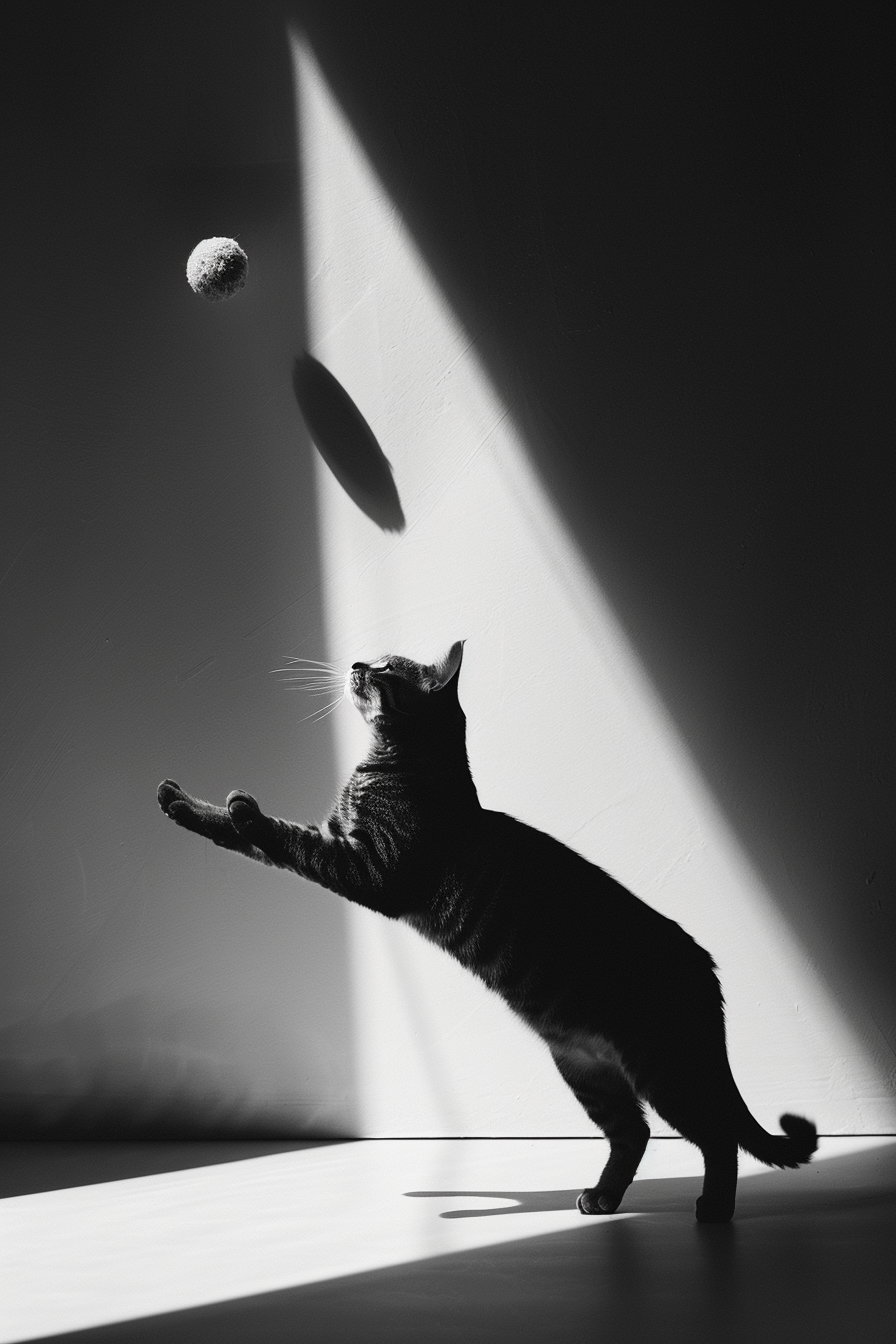 Minimalist black and white cat leaping towards abstract shape
