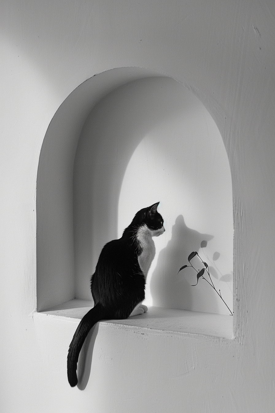 Minimalist cat inside arch shape black and white art