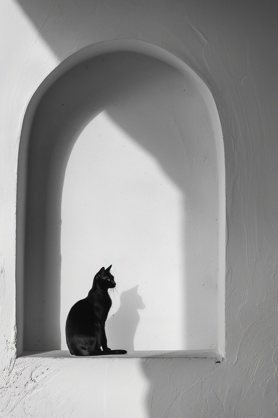 Minimalist black and white cat inside an arch shape