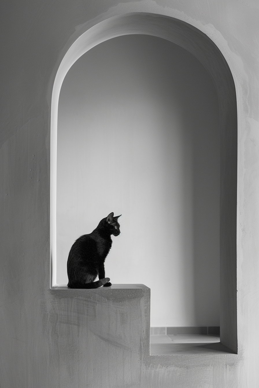 Minimalist black and white cat in arch shape