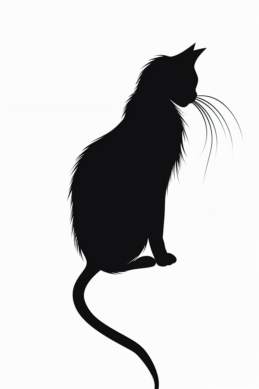 Elegant black cat silhouette with curved tail on white background