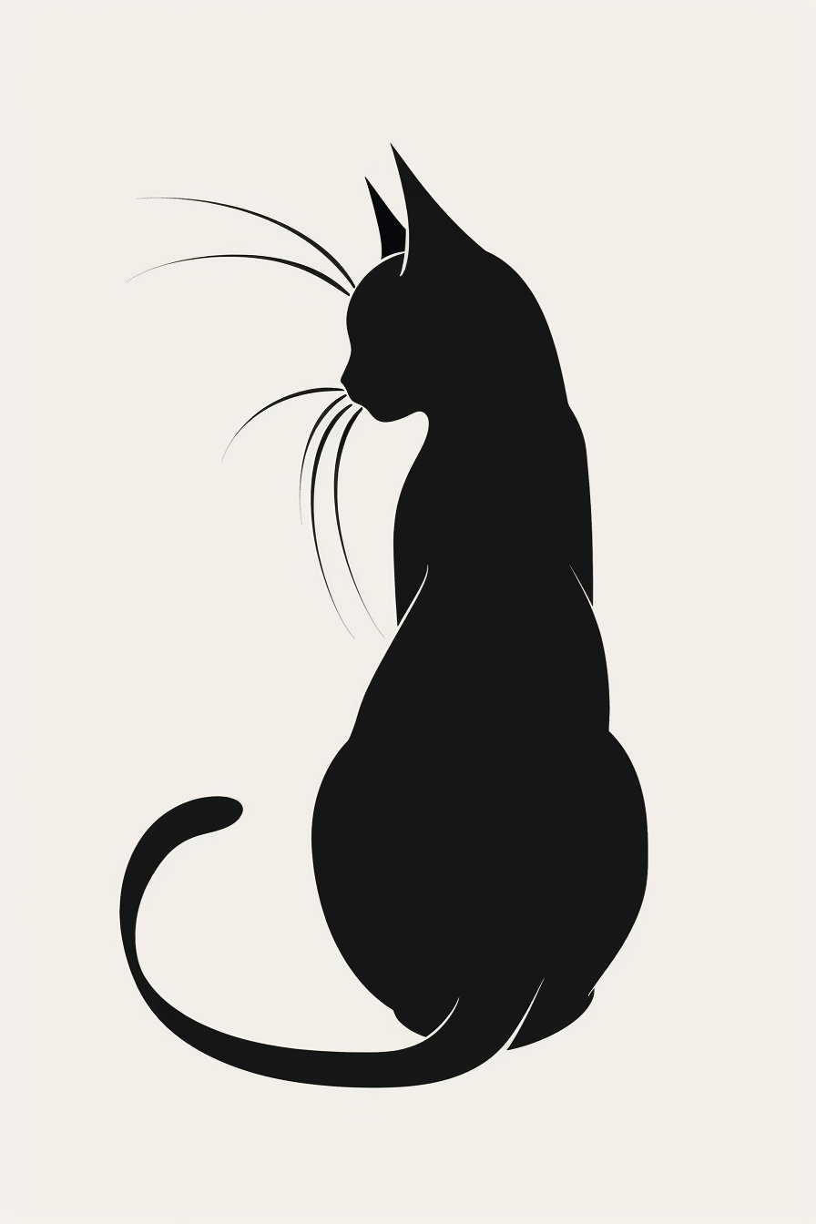 Elegant black cat silhouette with curved tail on white background