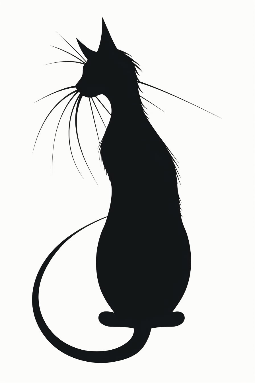 Elegant black cat silhouette with curved tail on white background