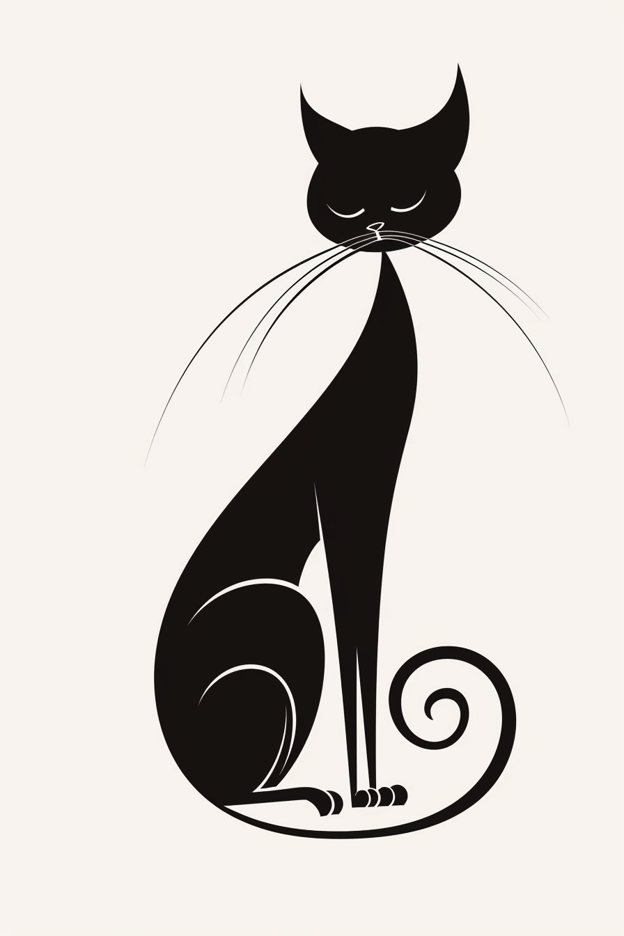 Elegant black cat silhouette with curved tail on white background