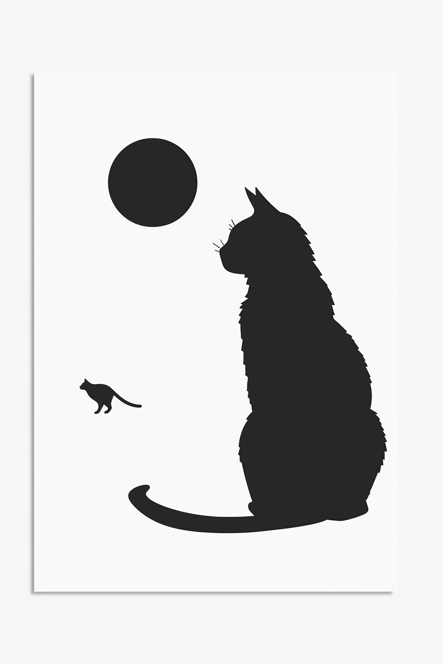 Minimalist black and white cat beside small sun circle