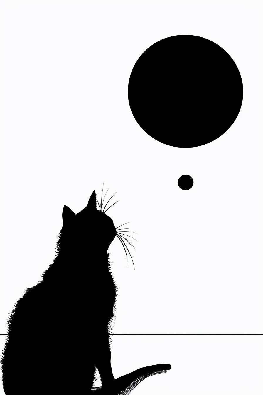 Minimalist black and white cat beside a sun circle
