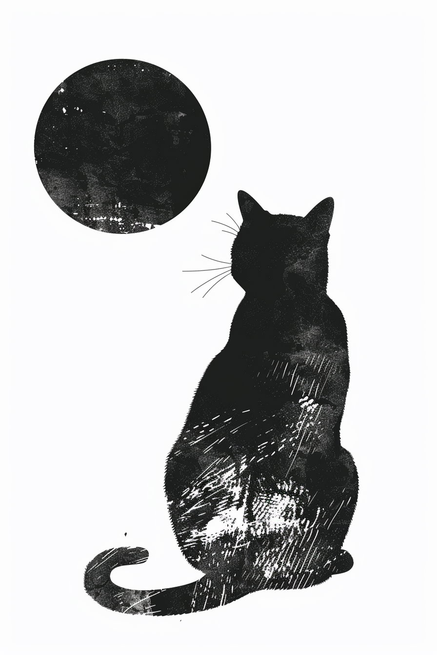 Minimalist black and white cat beside small sun circle