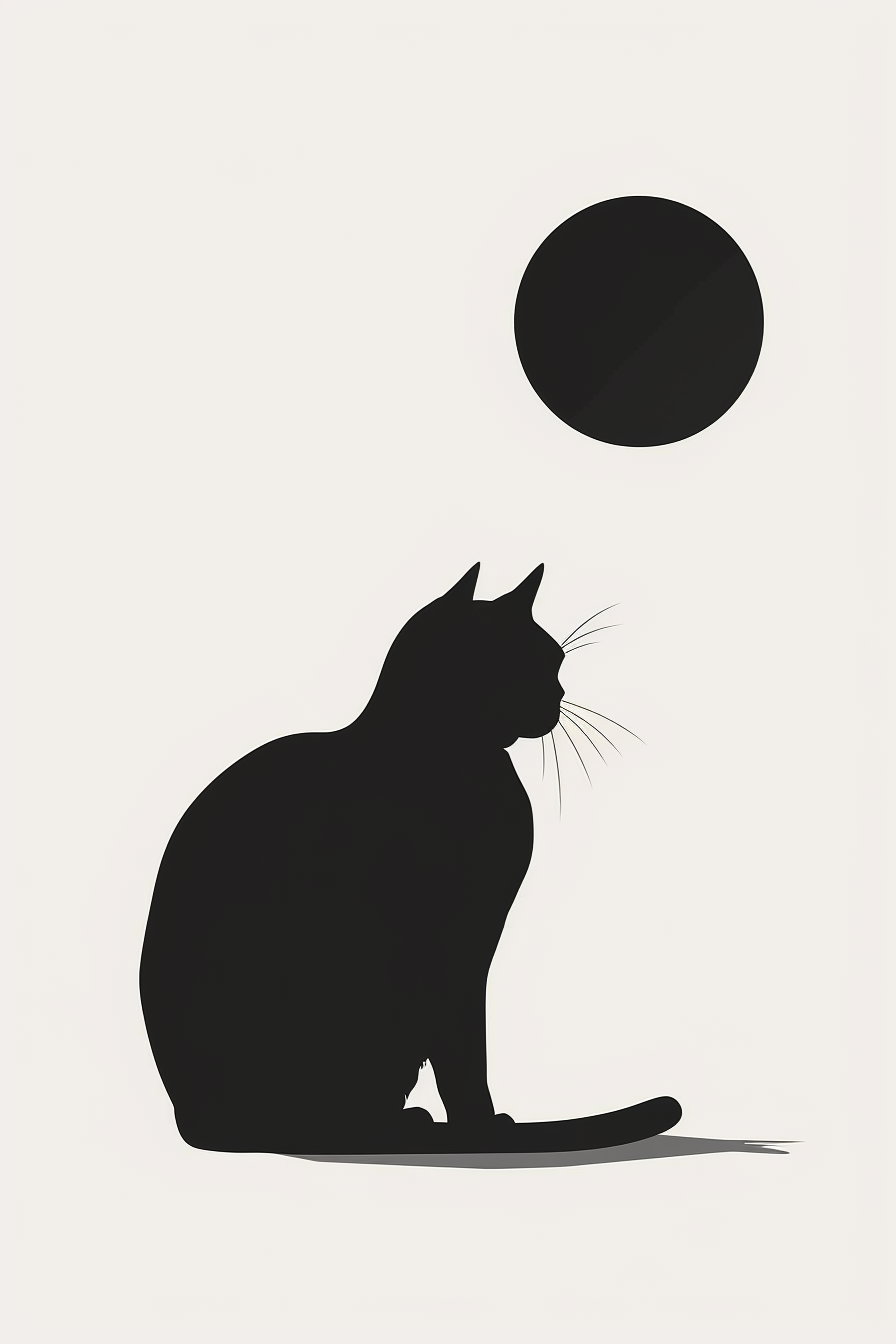 Minimalist black and white cat beside sun circle