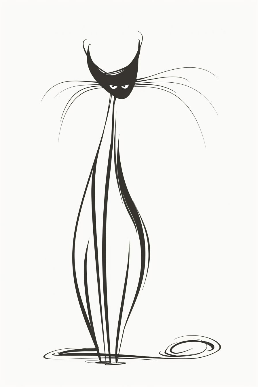 Playful minimalist cat outline with long legs on white background