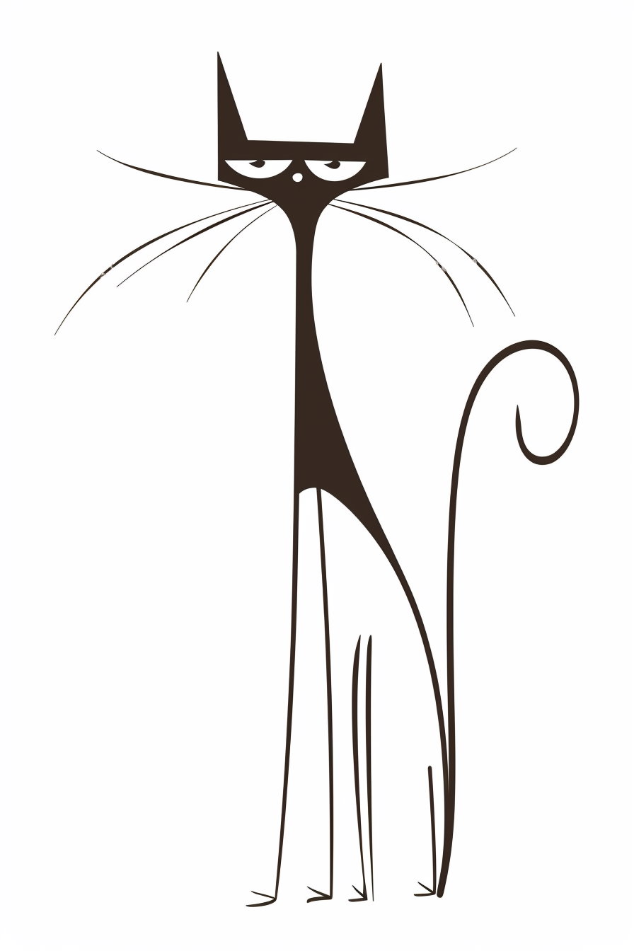Playful cat outline with long legs on white background
