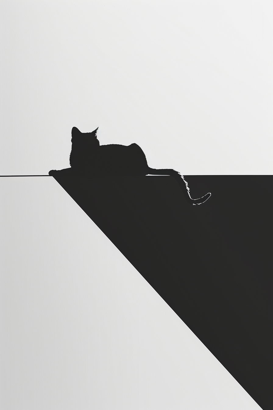 Minimalist black and white cat stretched elegantly across poster