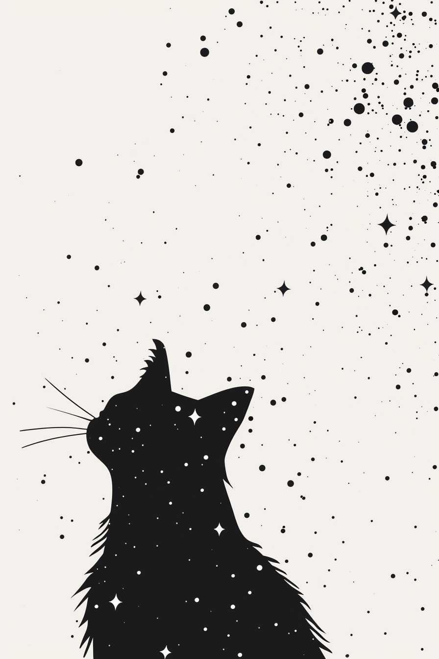 Black cat silhouette with stars on clean white background