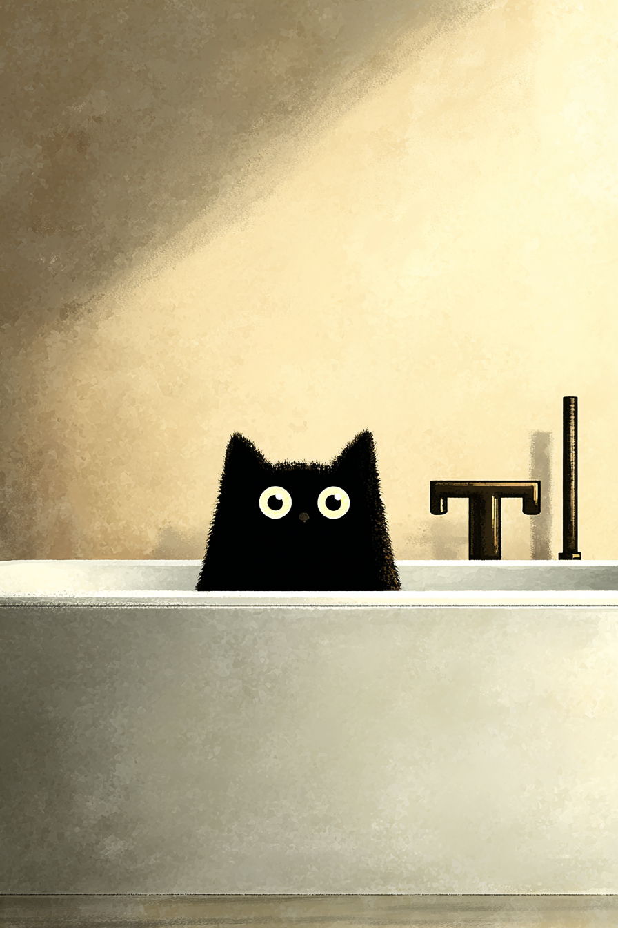 Black cat peeks over white bathtub in minimalist bathroom illustration