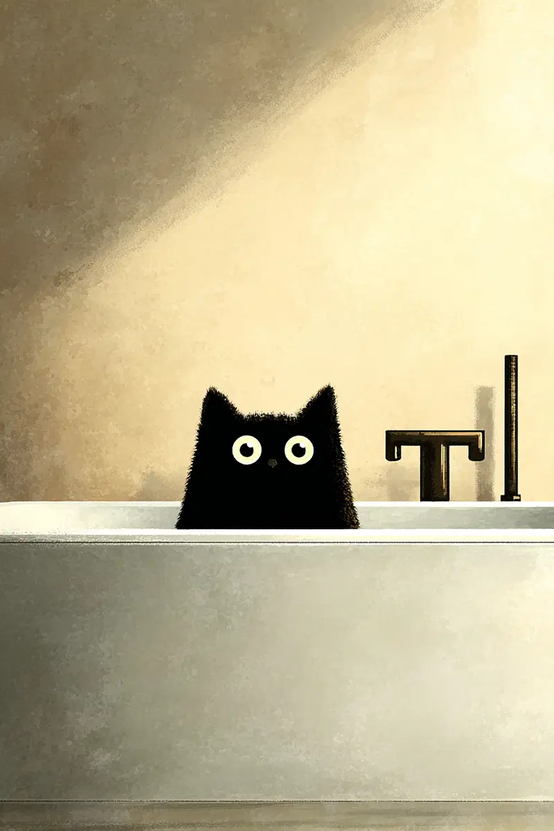 Minimalist Bathroom Decor with Playful Cat Illustration