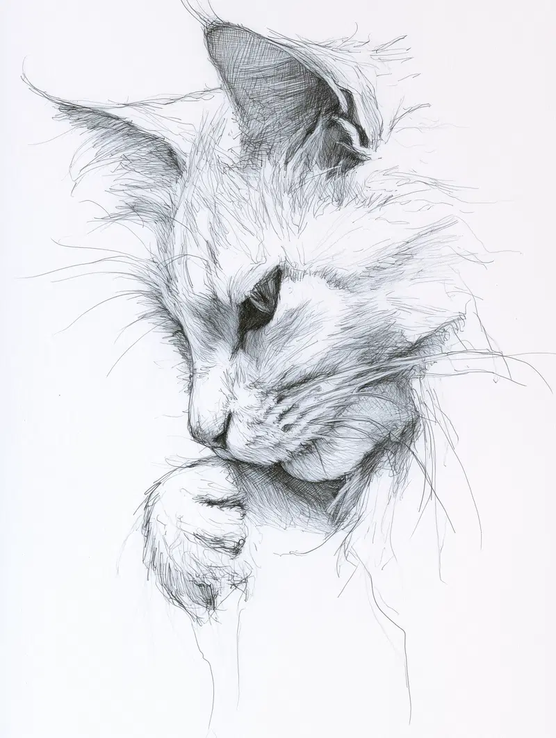 Minimalist Cat Grooming Sketch for Serene Home Decor