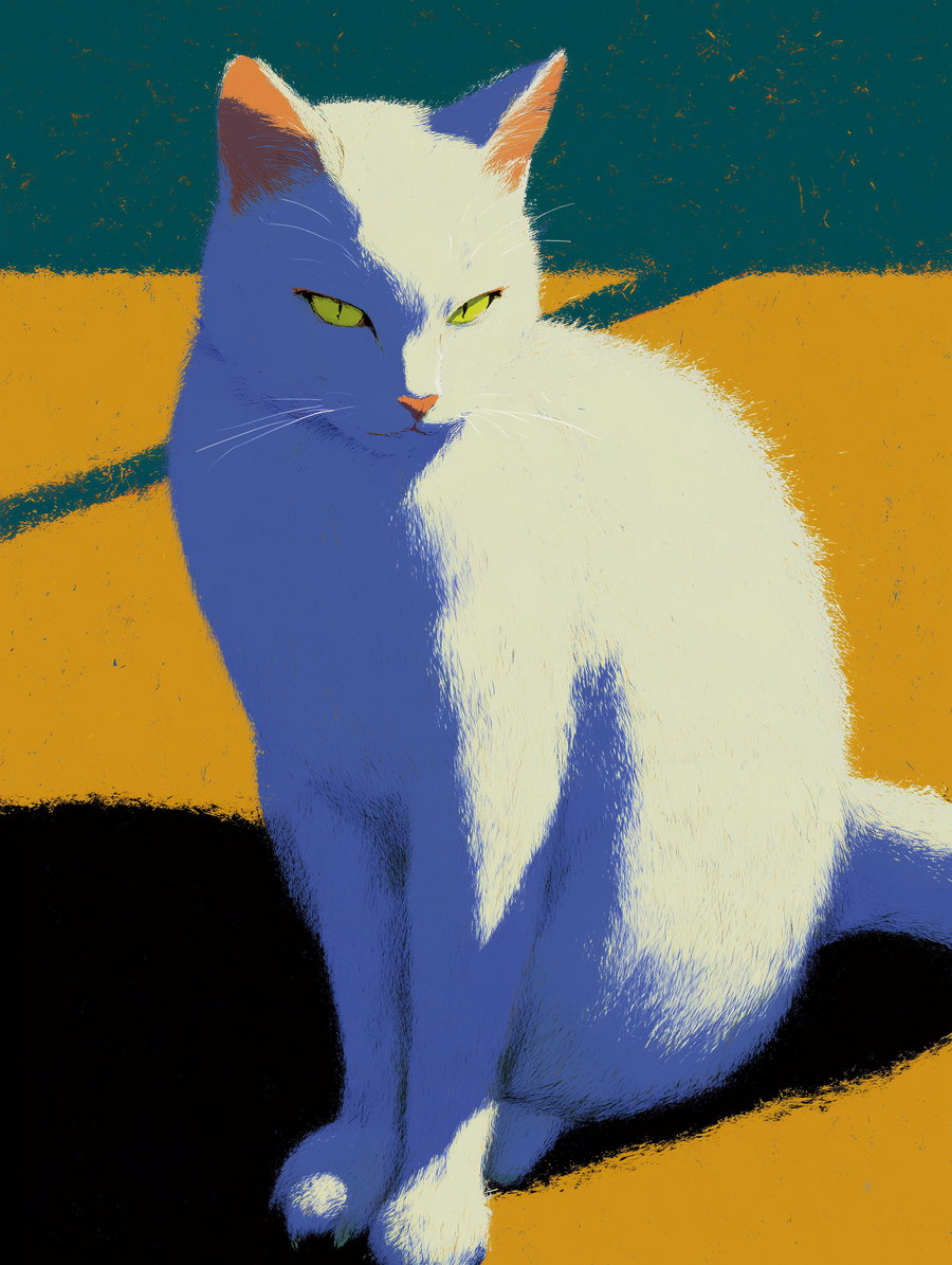 Minimalist white cat illustration on colorful abstract background