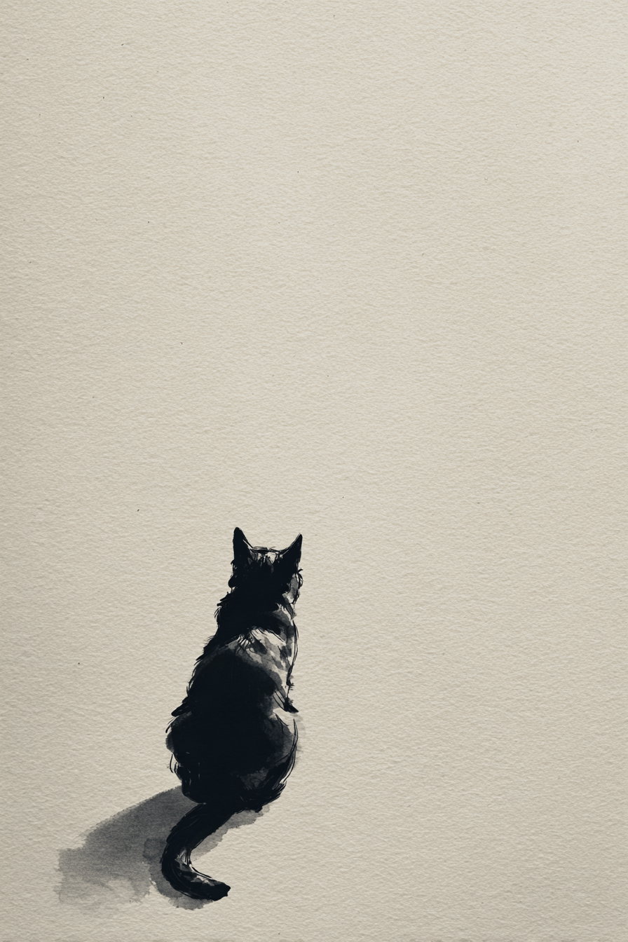 Minimalist ink illustration of a calm cat sitting quietly