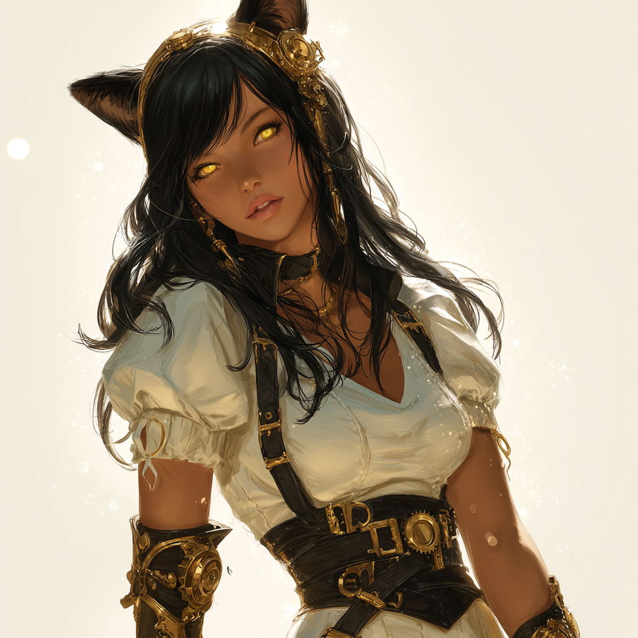 Female miqo'te machinist with glowing eyes and steampunk details