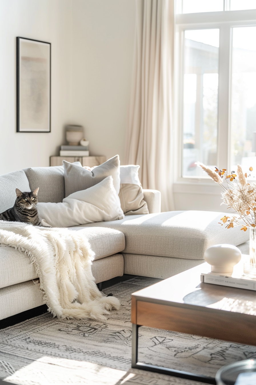 Modern minimalist living room with cat decor and soft lighting