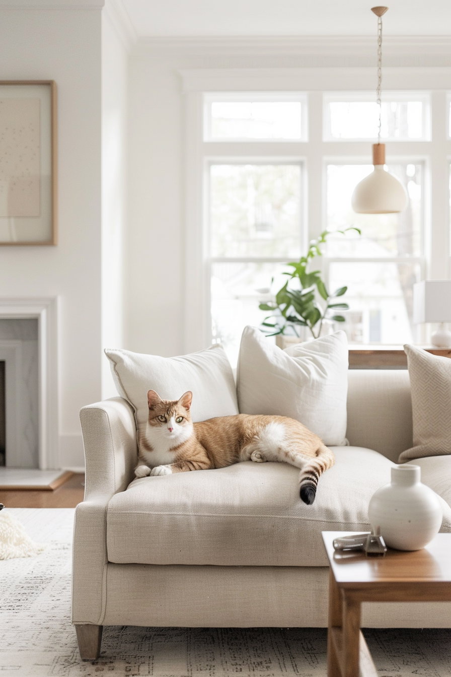 Modern minimalist living room with cat decor and soft light