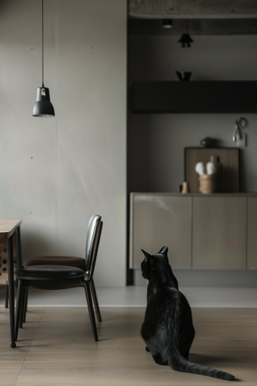 Black cat lounging in sleek modern apartment with minimal decor