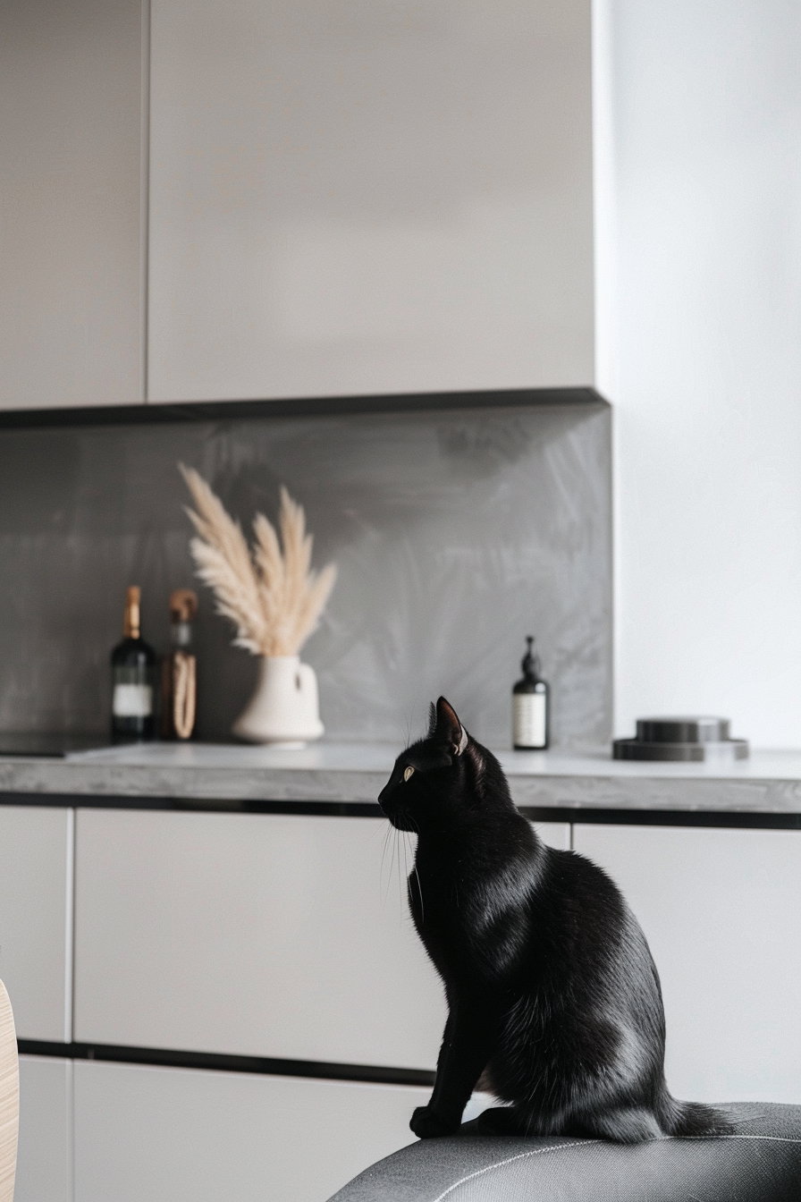 Black cat lounging in modern apartment with sleek decor