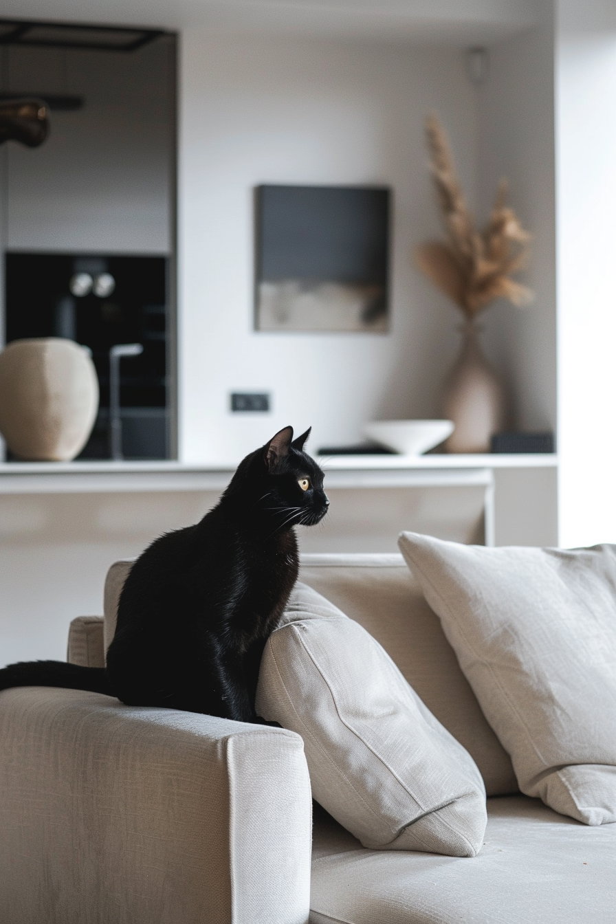 Black cat lounging in stylish modern apartment with minimal decor
