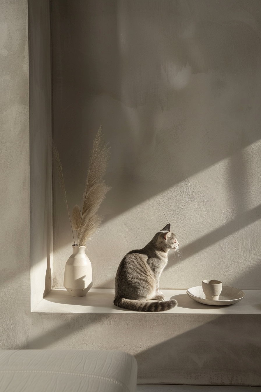 Minimalist cat decor in modern white beige interior