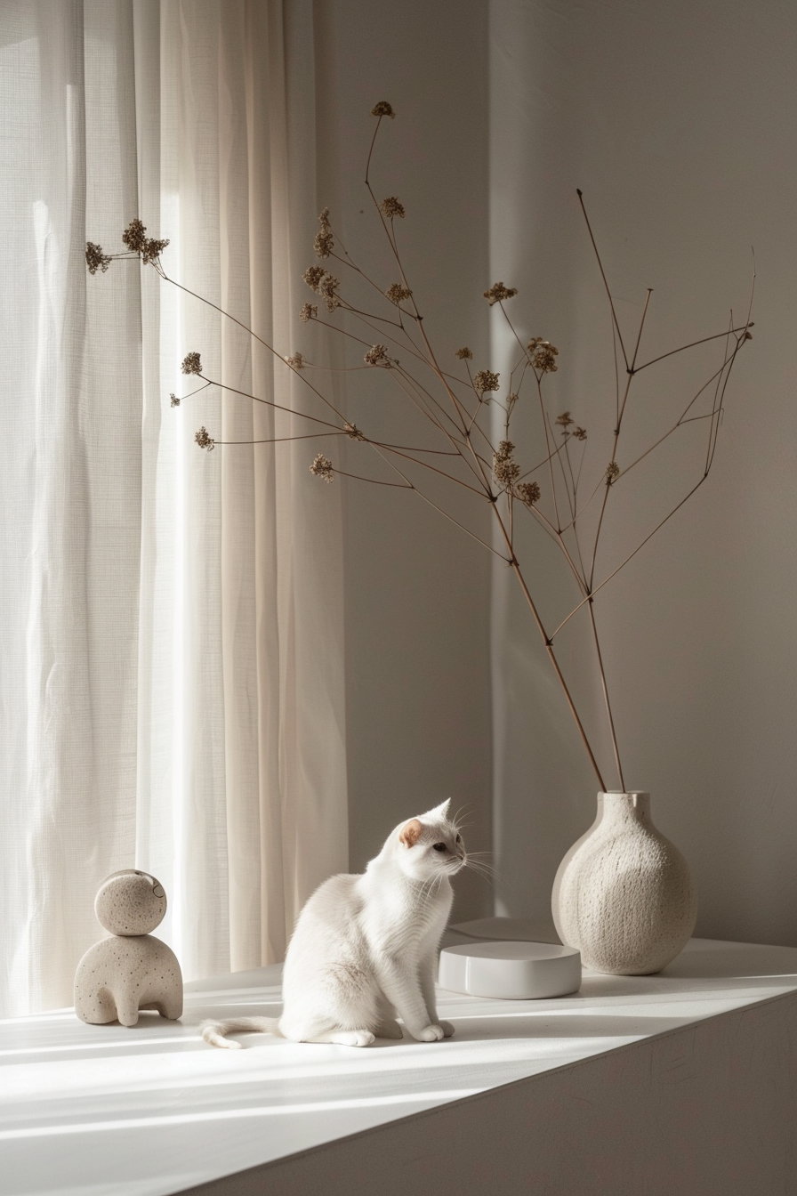 Minimalist cat decor in modern white beige interior