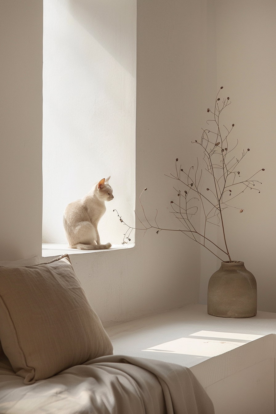 Minimalist cat decor in modern white and beige interior