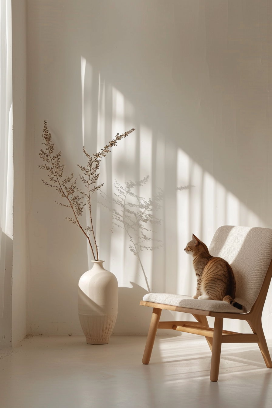 Minimalist cat decor in modern white and beige interior