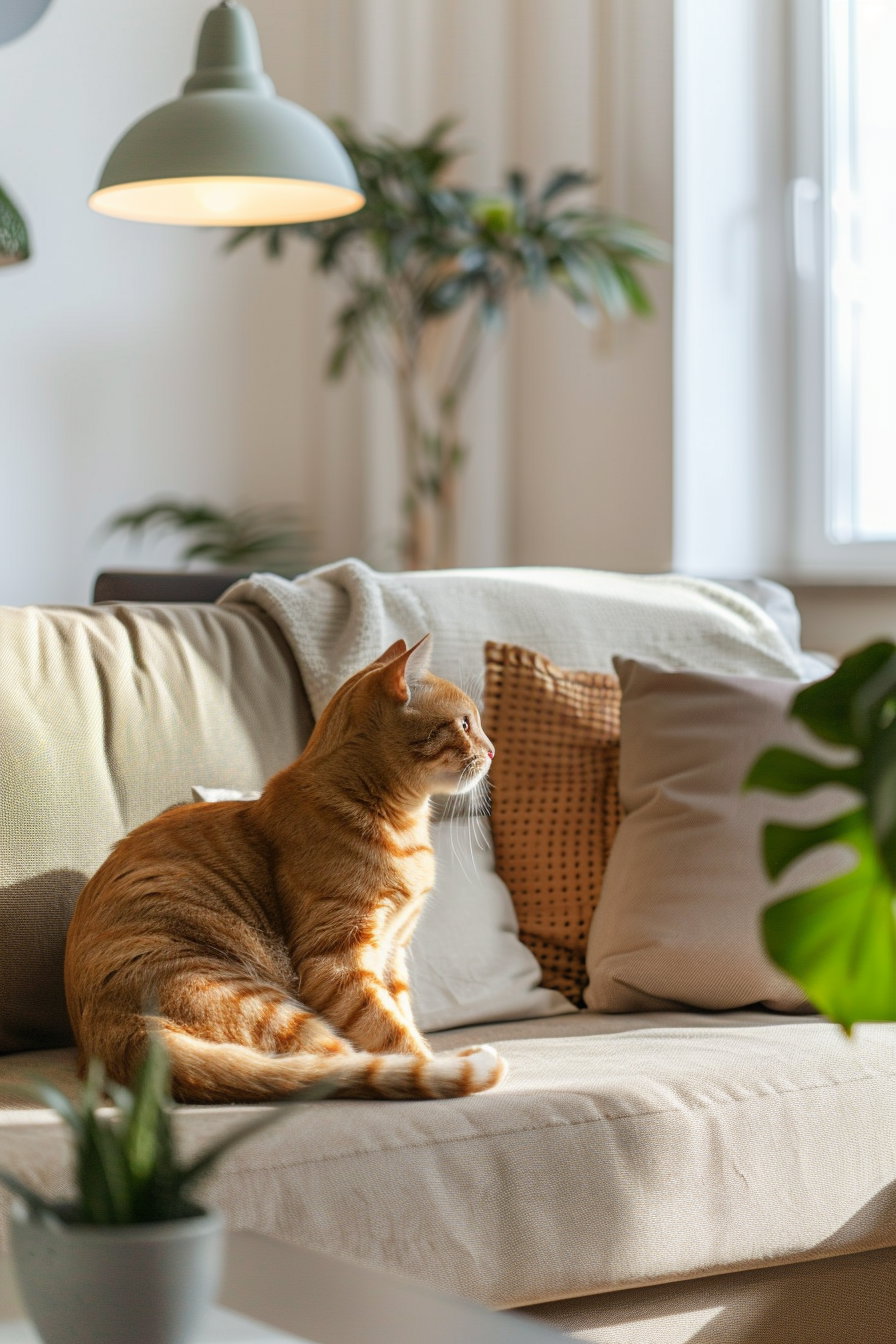 Cat lounging in modern living room with neutral decor