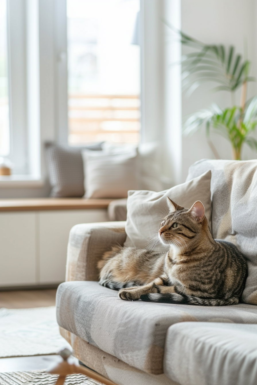Cat lounging in modern living room with minimalist decor
