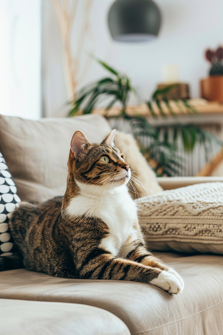 Cat lounging in modern living room with contemporary furniture
