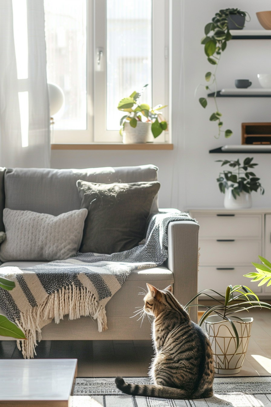 Cat relaxing in modern living room with minimal furniture