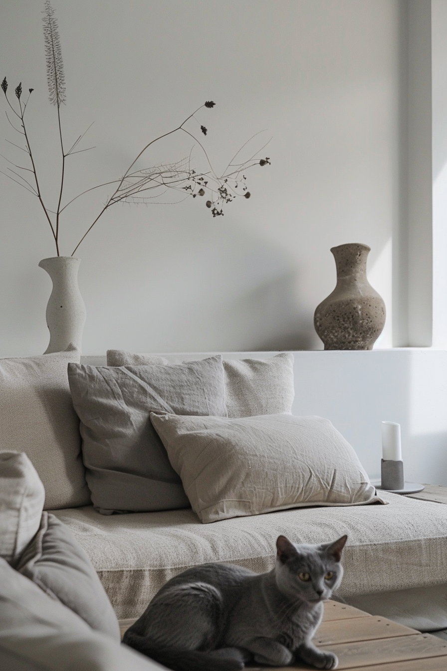 Modern home decor with cat, soft textures and minimal design