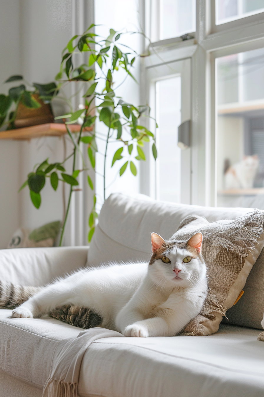 Stylish modern home decor featuring a cat and soft textures
