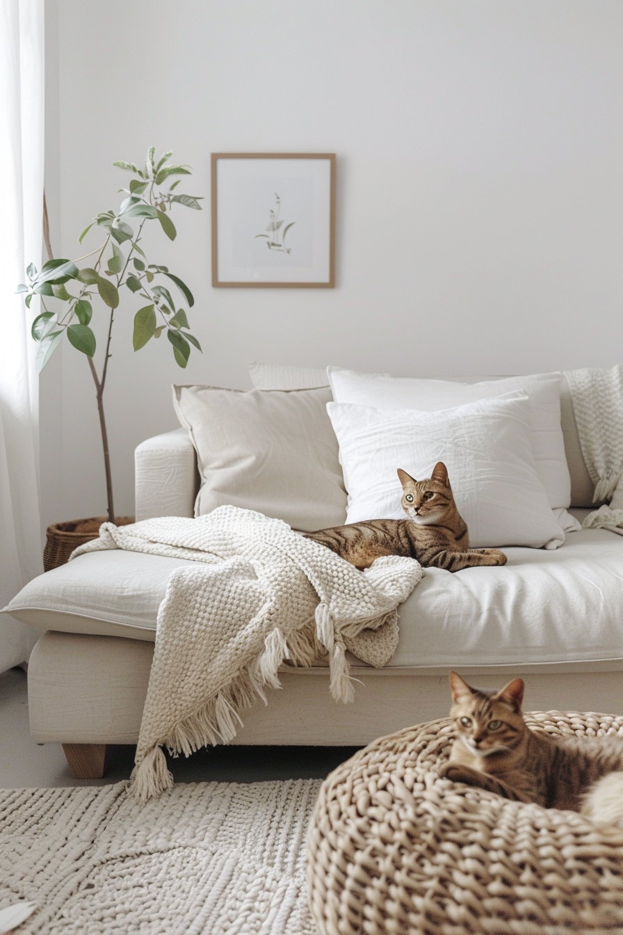 Stylish modern home decor featuring a cat and soft textures