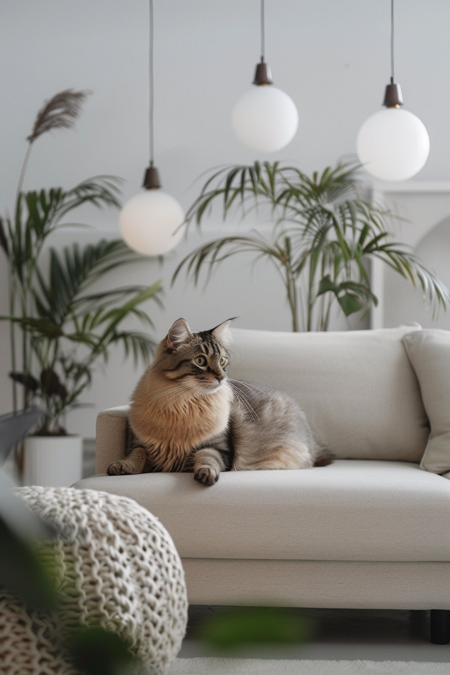 Stylish cat lounging in modern minimalist living room