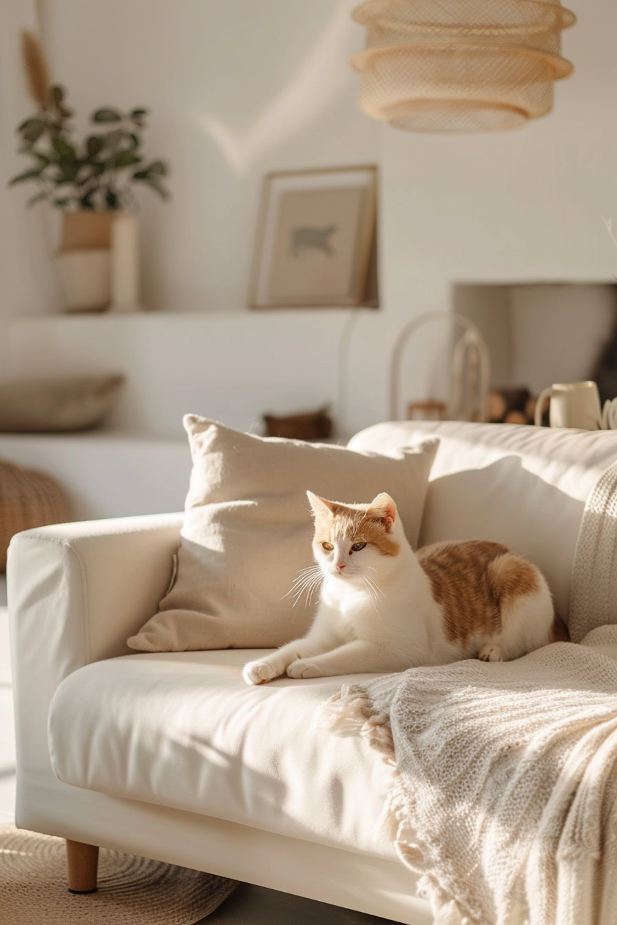 Cat lounging in minimalist room with soft light