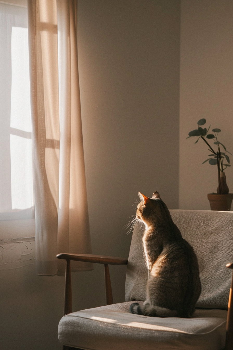 Cat lounging in a modern minimalist room with soft light