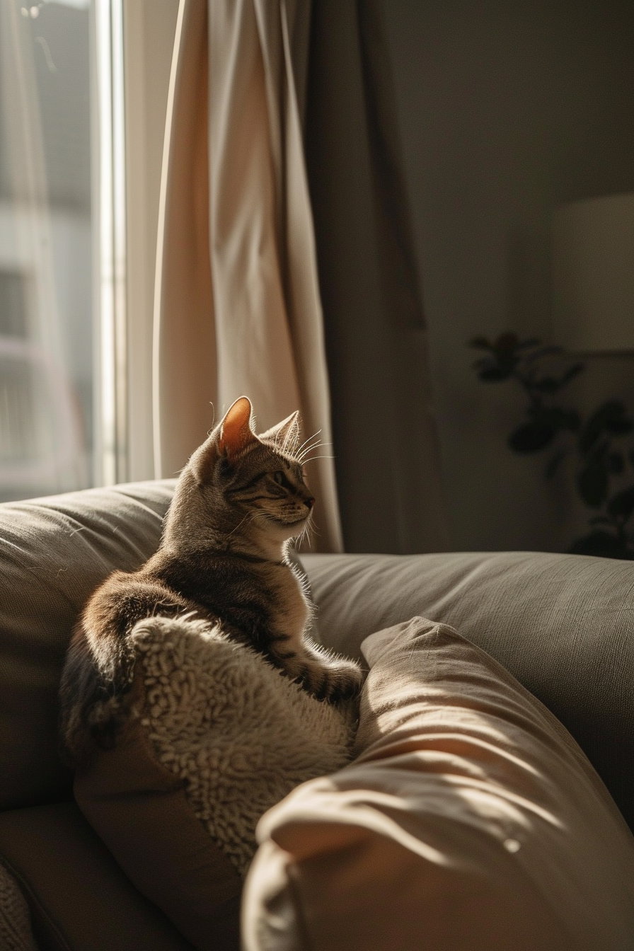 Cat lounging in a minimalist room with soft light
