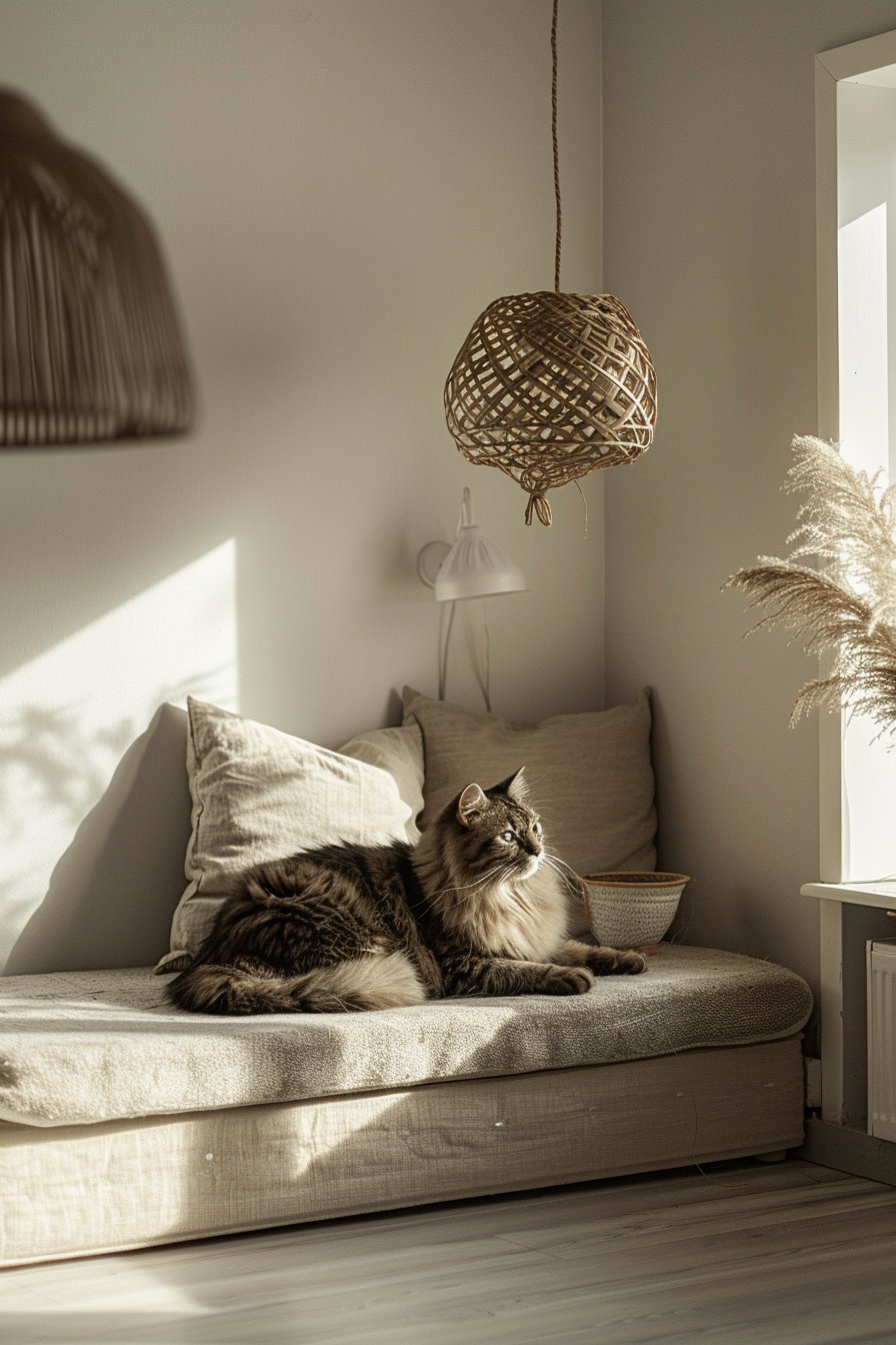 Cat lounging in a minimalist room with soft light