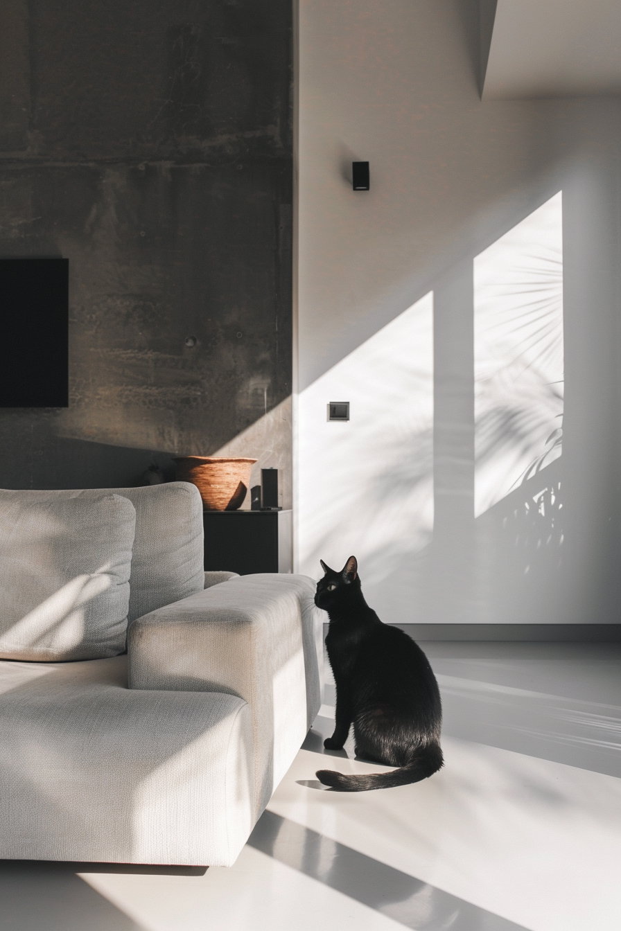 Modern interior featuring sleek furniture and a black cat