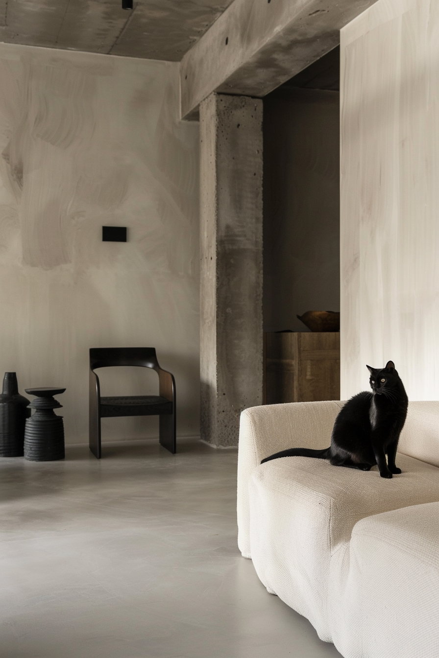 Modern interior featuring sleek furniture and a black cat