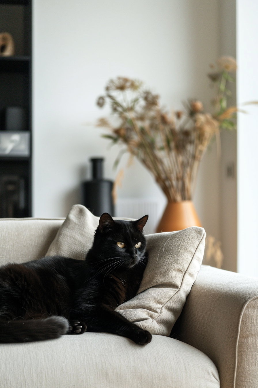 Modern interior featuring sleek furniture and a black cat